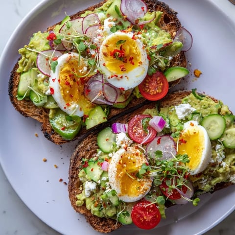 Creamy Loaded Avocado Toast with a vibrant medley of fresh toppings and a perfect runny egg on top.