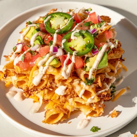 Golden-brown pasta chips nachos loaded with melted cheese and fresh, vibrant toppings.
