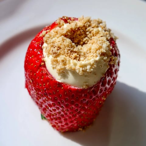 Delicious cheesecake stuffed strawberries with creamy filling and graham cracker topping, perfect dessert.