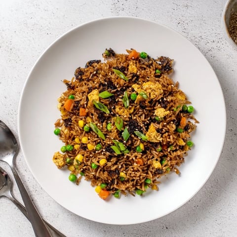 A steaming serving of Black Garlic Fried Rice with fluffy grains, mixed vegetables, and fresh green scallions.  