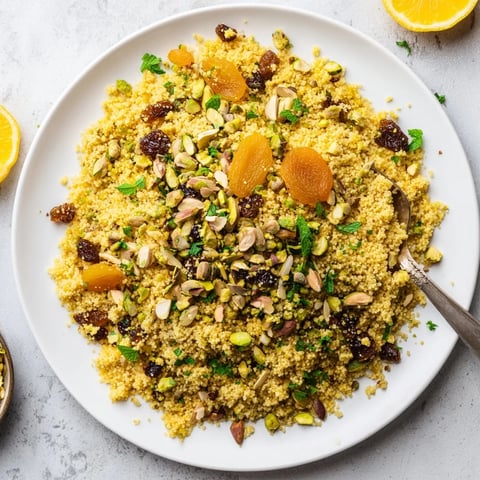 A bowl of spiced couscous pilaf garnished with chopped parsley, toasted almonds, and pistachios, served with lemon wedges.