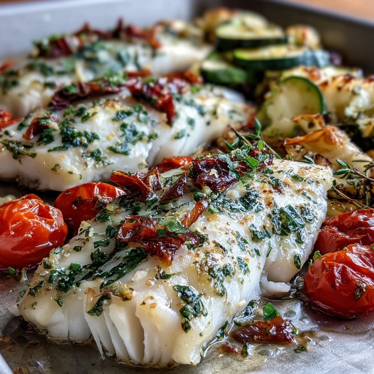 Vibrant sheet pan garlic herb tilapia with zucchini and cherry tomatoes, roasted to perfection for a healthy weeknight dinner.