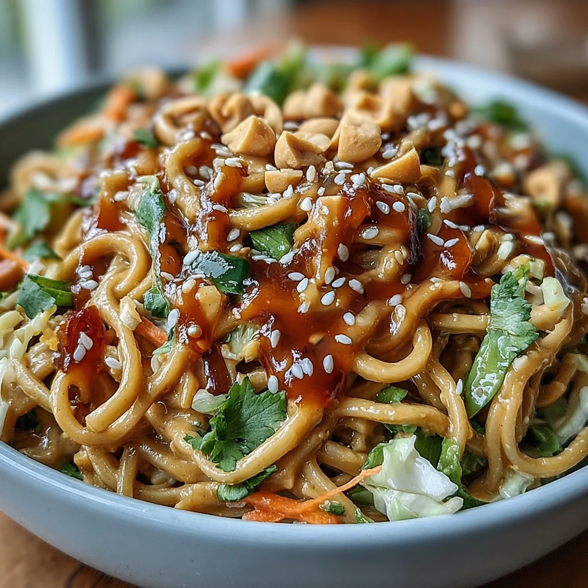 A colorful bowl of vegan soba noodles with spicy peanut dressing and crunchy cabbage slaw, garnished with fresh cilantro and chopped peanuts.