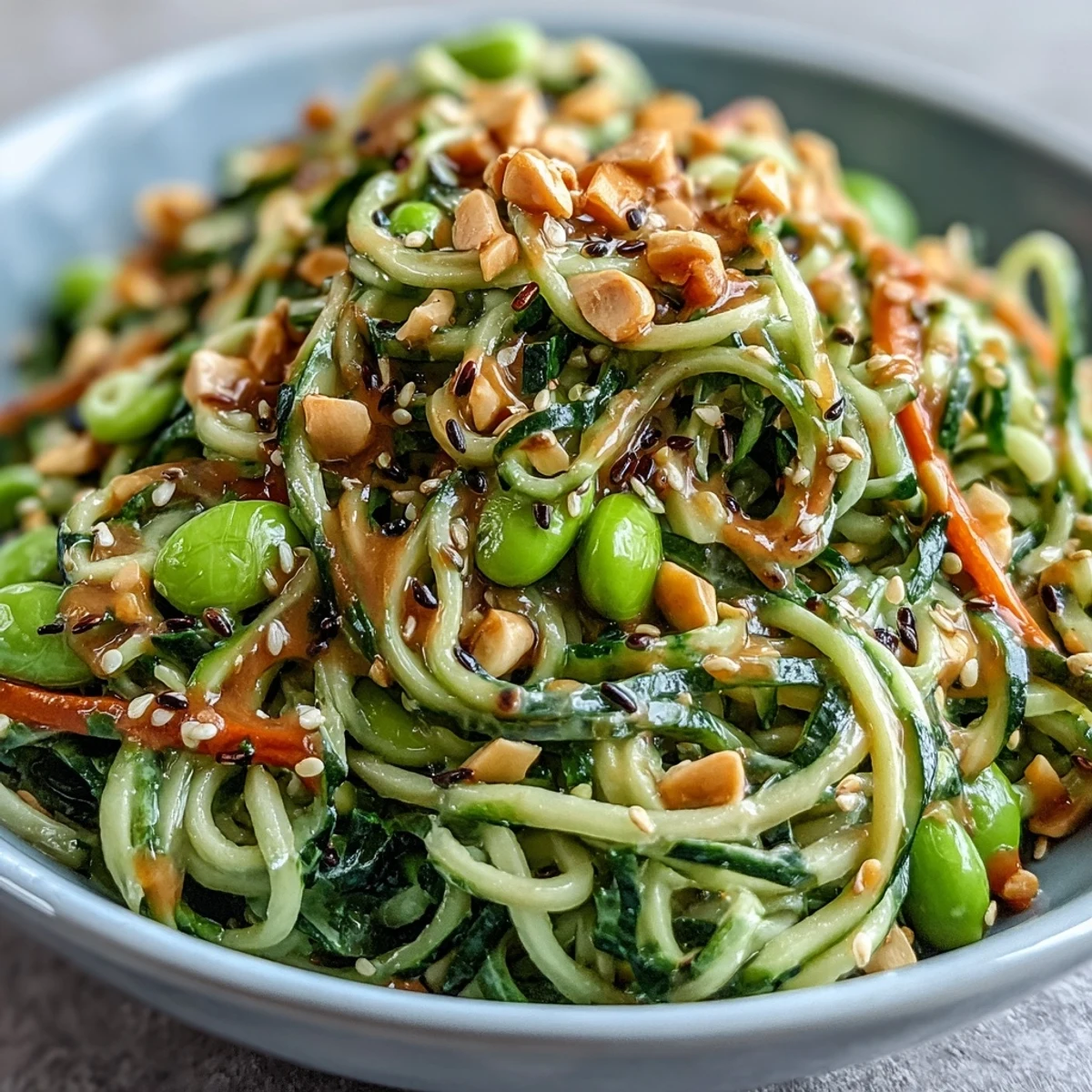 Sesame Ginger Noodle Bowl with crisp cucumber, carrot, and edamame, tossed in a creamy sesame-ginger dressing.  