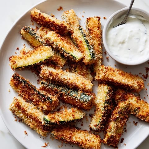 Golden crispy baked zucchini fries served with creamy dipping sauce, perfect for snacks.  