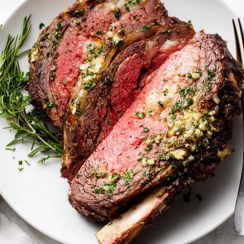 Juicy herb-roasted garlic butter prime rib served with fresh rosemary garnish.  