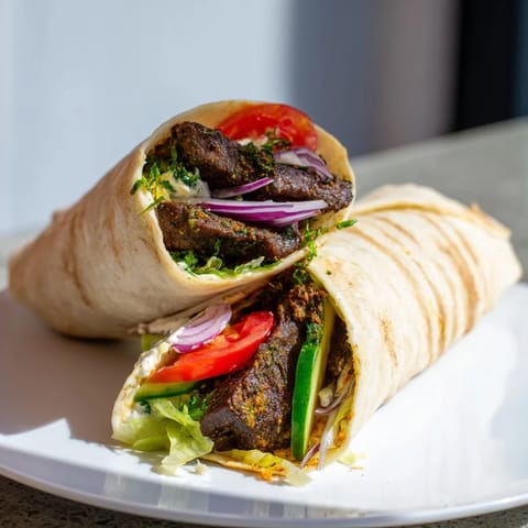 Golden-brown Beef Shawarma Wraps, overflowing with spiced meat and cool, refreshing yogurt.
