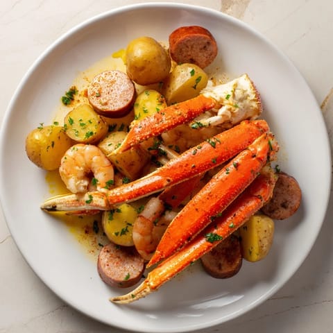 A sizzling seafood boil showcasing crab legs, shrimp, and sausage piled high on a platter with lemon.
