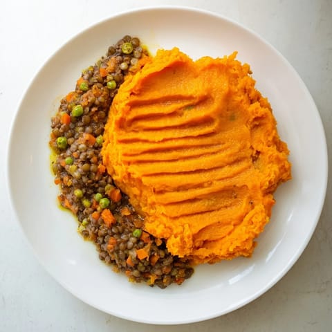 Warm, hearty veggie shepherds pie with sweet potato mash, ready to serve and enjoy.