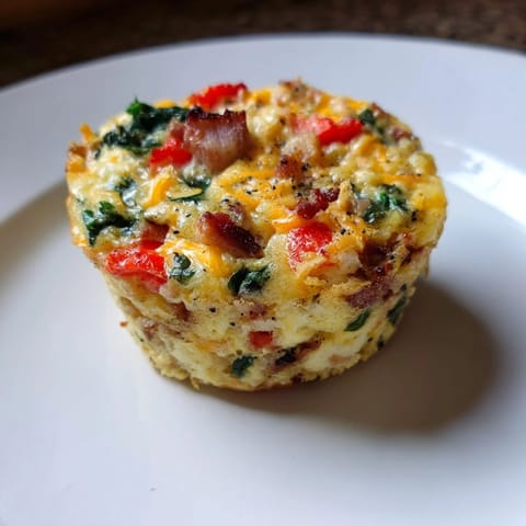 Steaming-hot, cheesy One-Pot Breakfast Casserole Muffins with visible chunks of red peppers and spinach inside.