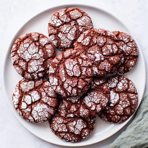 Chewy, red-hued Red Velvet Chocolate Crinkle Cookies ready to savor, perfect for dessert lovers.