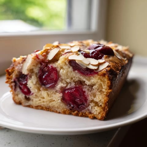 Close-up of a freshly baked Cherry Almond Loaf Cake, capturing the moist interior and sweet cherry chunks.