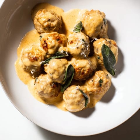 A close-up of steaming Easy Turkey Meatballs in Pumpkin Sage Sauce, a fall-flavored comfort food.