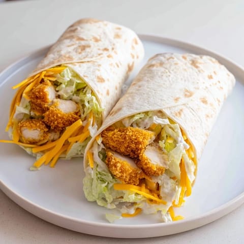 Fresh green lettuce and cheese peek out of a perfectly wrapped Crispy Chicken Ranch Snack Wrap, ready to eat.
