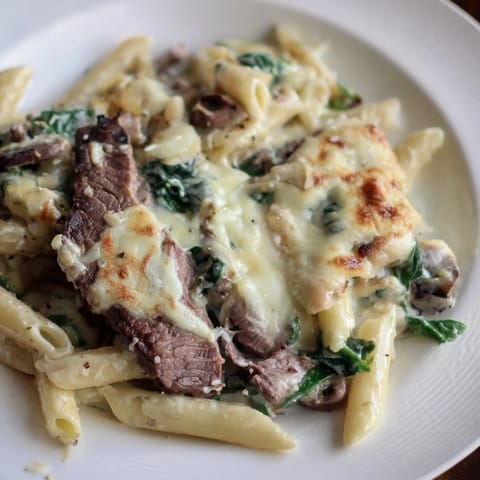 A close-up of Steak & Spinach Artichoke Pasta Bake, bubbling hot, creamy sauce and tender steak visible.