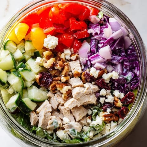 Vibrant image of a Layered Holiday Chopped Chicken Salad Jar, ideal for easy, delicious meal prep.