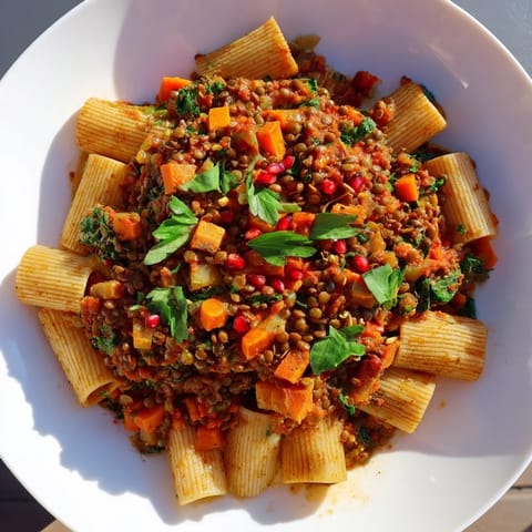 Hearty and flavorful High-Fiber Lentil Bolognese, a festive pasta dish perfect for a cozy Christmas dinner.