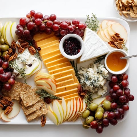 Vibrant Jingle Bell Cheese Board with an array of cheeses, fruits, and crackers perfect for your party.