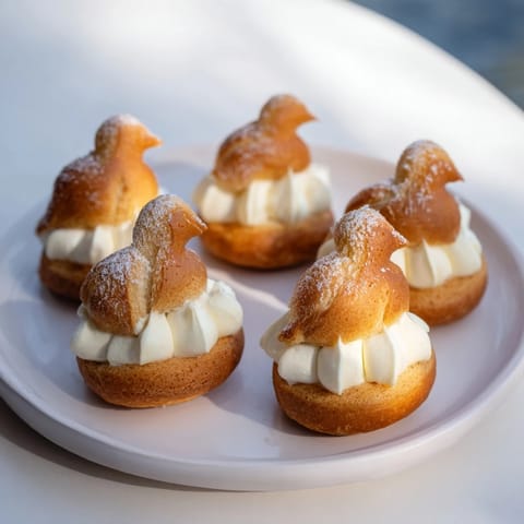 Delicate Elegant Swan Mini Pastries, golden-brown, filled with vanilla cream and dusted with powdered sugar.