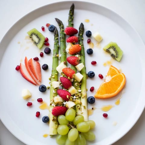 A stunning view of an Asparagus Stem Floral Fruit Board, showcasing vibrant fruit and crisp asparagus.