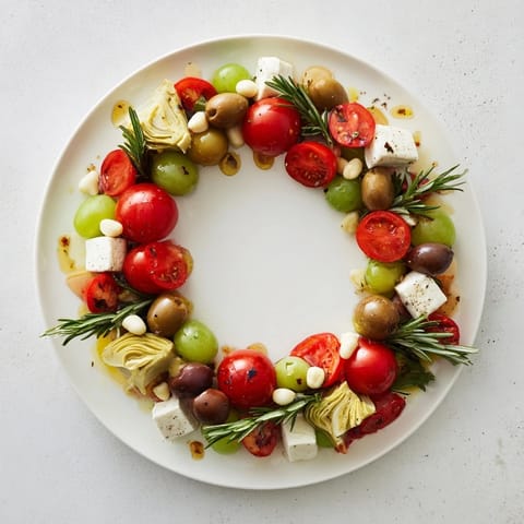 Festive Olive and Cherry Tomato Garland Board, showcasing juicy tomatoes, olives, and creamy cheeses for an easy appetizer.