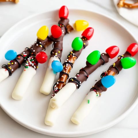 Festively decorated No-Bake Pretzel Christmas Light Sticks, a fun snack with colorful candy melts.