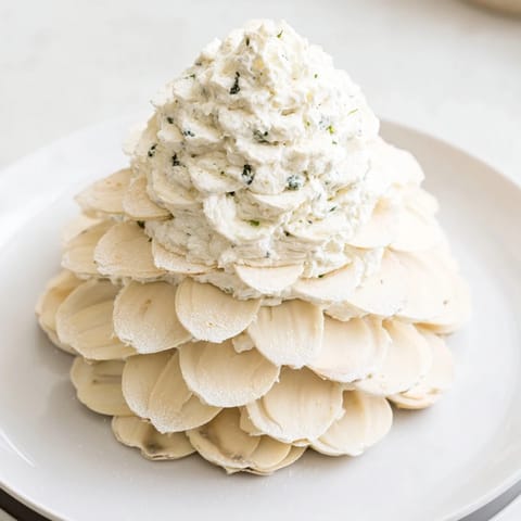 A delicious Snowy Pinecone Centerpiece, dusted with powdered sugar, ready to be enjoyed with crackers.