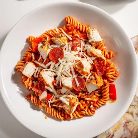 One-pan pizza pasta bubbling hot, showcasing melted mozzarella and crispy pepperoni.