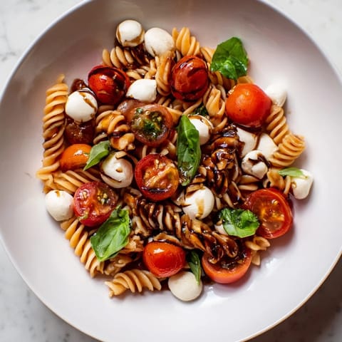 A close-up of Caprese Pasta Salad: perfectly cooked pasta, creamy cheese, and bright red tomatoes.