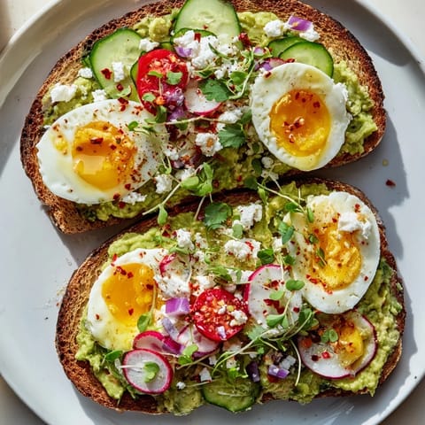 Golden toasted bread piled high with Loaded Avocado Toast, a savory vegetarian brunch delight ready to serve.