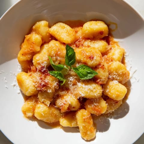A close-up of creamy tomato gnocchi, showcasing tender gnocchi in rich tomato sauce.