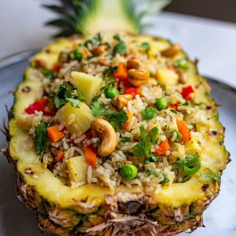 Golden Thai-inspired pineapple fried rice garnished with fresh cilantro and lime wedges, served steaming in a vibrant pineapple boat.  