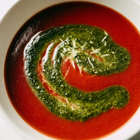 Velvety tomato soup with basil pesto swirl served in a rustic white bowl.  