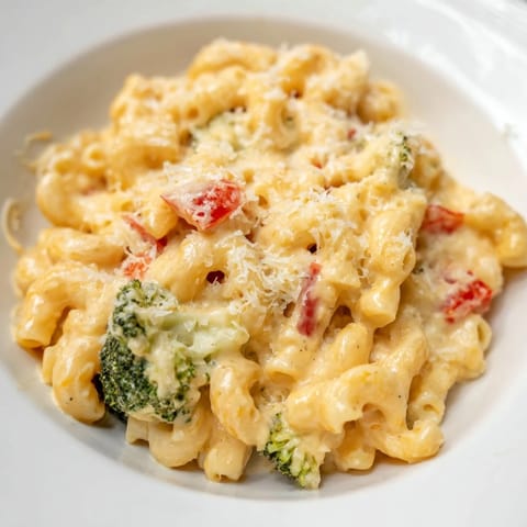 A close-up view shows al dente macaroni coated in velvety cheese sauce, studded with caramelized zucchini, cherry tomatoes, and red onion for a hearty main dish.