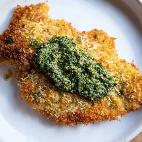 Golden-brown Crispy Pesto Chicken Cutlets topped with vibrant green pesto and a sprinkle of Parmesan.