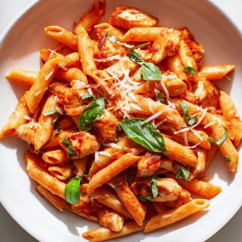 A close-up of al dente penne coated in a rich tomato sauce with tender chicken.