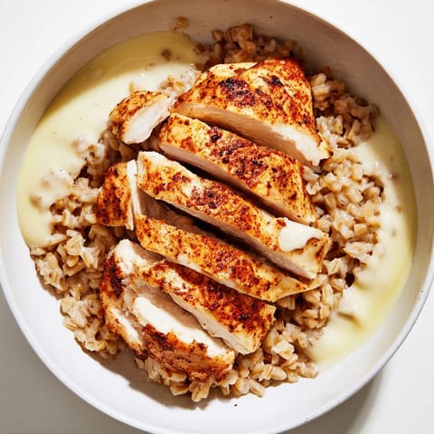 A Lemon Tahini Chicken Power Bowl with roasted chicken, farro, chickpeas, and fresh veggies drizzled with creamy lemon-tahini sauce.