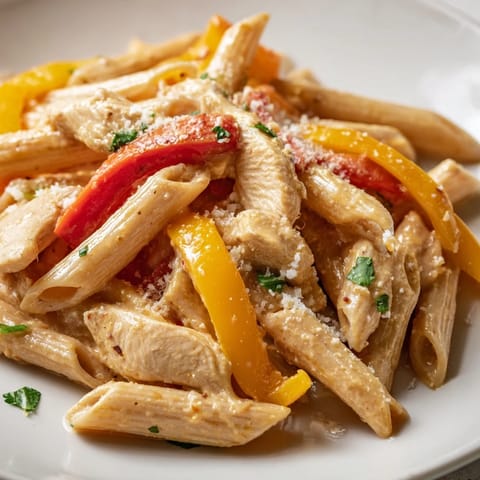 Creamy Cajun Chicken Pasta Lite shines with tender chicken strips and al dente penne in a spicy, lightened sauce, garnished with fresh parsley.