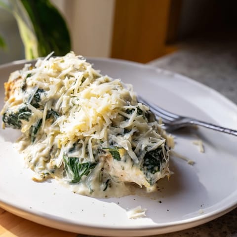 Tender chicken breasts buried in creamy Spinach & Artichoke Chicken Bake, with wilted spinach and artichoke hearts peeking through.
