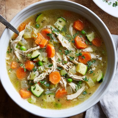 A bowl of Spring Garden Chicken Soup garnished with fresh parsley, served alongside a slice of crusty bread.