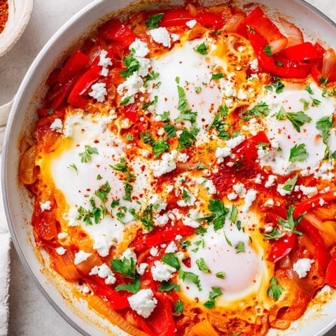 A close-up of vibrant shakshuka with poached eggs nestled in a rich, spiced tomato and bell pepper sauce, garnished with fresh cilantro and crumbled feta.
