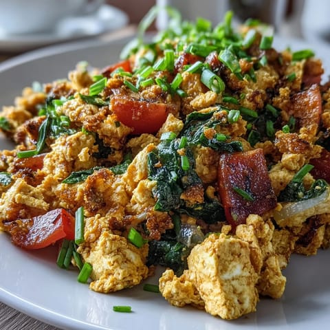 Fluffy tofu scramble with vibrant veggies, a perfect hearty breakfast.