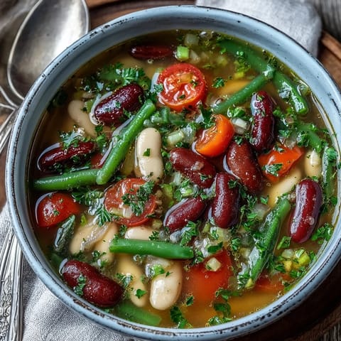 Spoon dipping into a hearty bowl of Three-Bean Salad Soup, revealing vibrant kidney beans and green beans in a tangy broth.