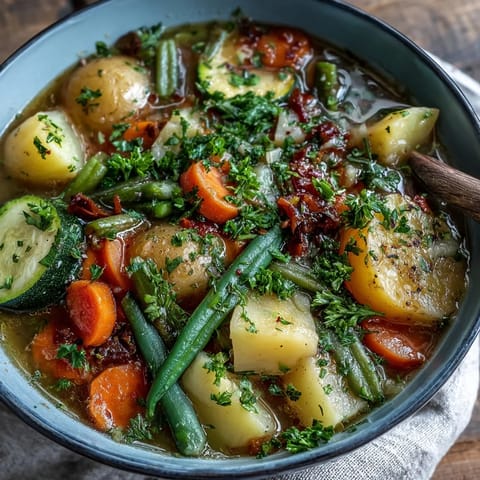 A warm bowl of Potato and Vegetable Soup garnished with fresh parsley and served beside poured beside toasted bread.