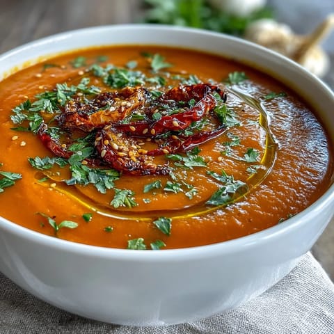 Roasted Vegetable Soup served in a rustic bowl, garnished with fresh parsley and a swirl of olive oil for a comforting meal.