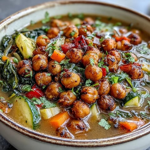 Golden roasted chickpeas and vibrant vegetables swim in a warmly spiced, aromatic broth in this Spiced Chickpea and Vegetable Soup.