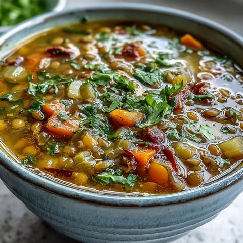A hearty bowl of Mung Bean Soup garnished with cilantro, served alongside warm naan bread.