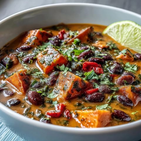 A close-up of Sweet Potato and Black Bean Soup garnished with lime wedges and cilantro next to a crusty bread slice.