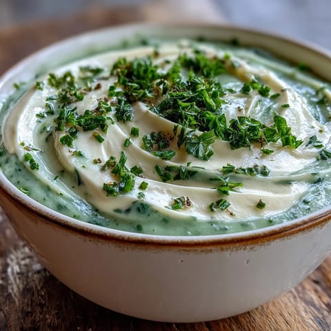 Smooth, velvety celery and herb soup swirled with cream, steaming in a white bowl on a rustic wooden table.