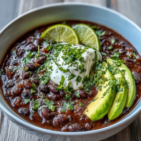 Black Bean Soup served hot with sour cream, diced red onion, and tortilla chips on the side.